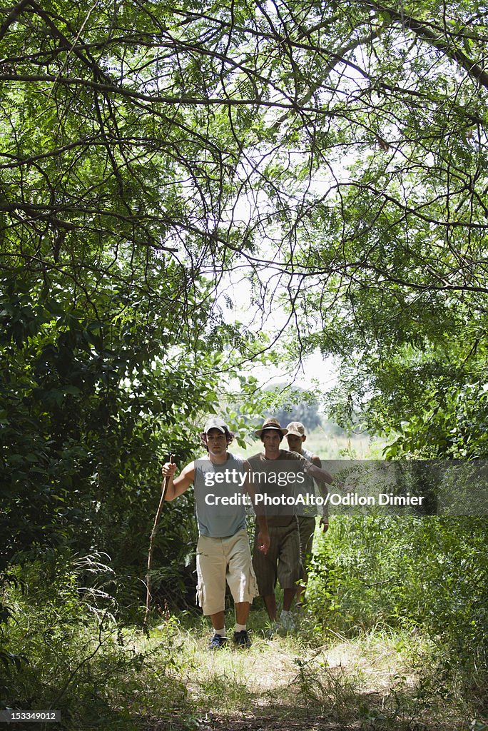 Young men hiking in woods