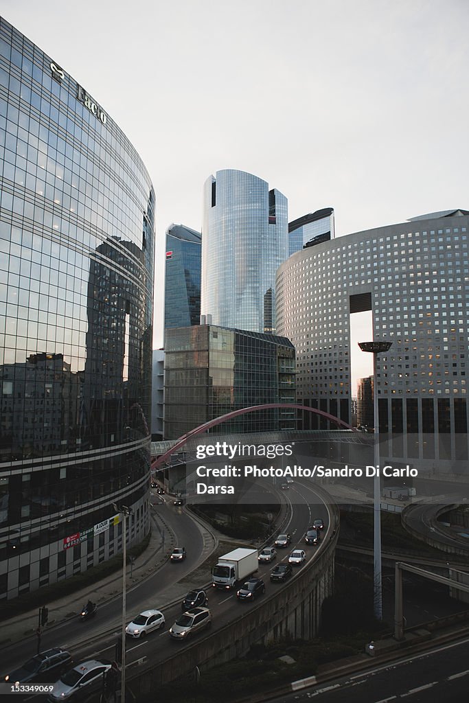 City skyline, motorway traffic on elevated roads