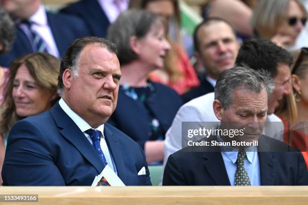 Opera singer Bryn Terfel looks on from the Royal Box prior to the Women's Singles Quarter Final match between Iga Swiatek of Poland and Elina...