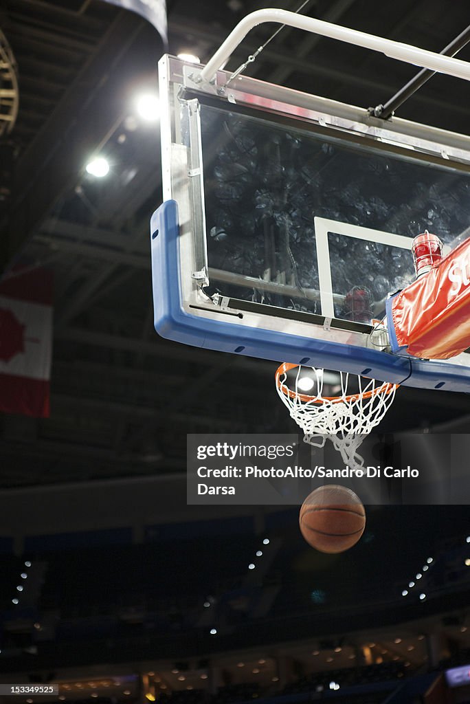 Basketball falling through hoop