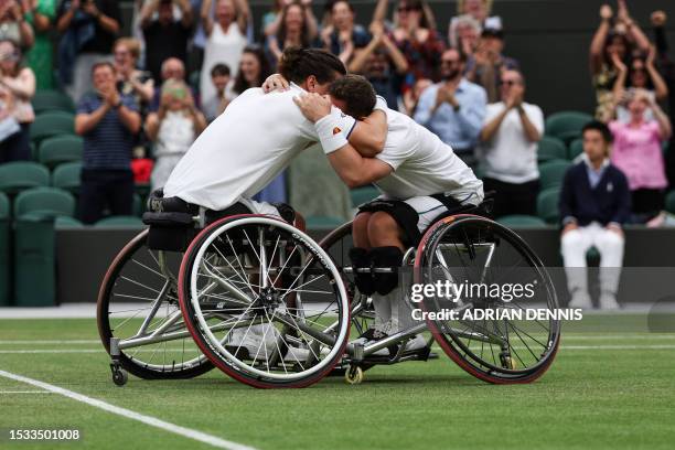 Britain's Alfie Hewett and Britain's Gordon Reid celebrate beating Japan's Takuya Miki and Japan's Tokito Oda, during their men's wheelchair doubles...