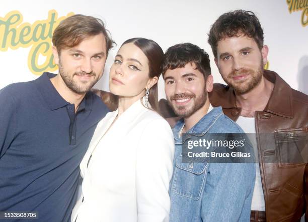 Nick Lieberman, Molly Gordon, Noah Galvin and Ben Platt pose at the NYC opening night screening of the new film "Theater Camp" at Metrograph on July...