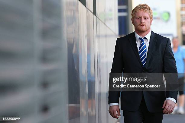 James Graham of the Canterbury Bulldogs arrives at the NRL judiciary at NRL Headquarters on October 4, 2012 in Sydney, Australia. Graham has been...