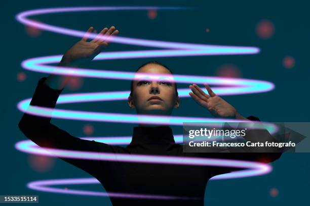 neon metaverse portal - tech stock pictures, royalty-free photos & images