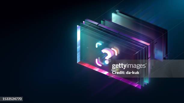 got questions? vibrant modern question mark on digital background 3d render. modern web 3.0 colours. - vragen en antwoorden stockfoto's en -beelden
