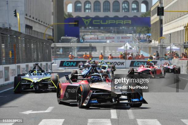 Lucas Di Grassi of Brazil and Mahindra Racing and a group of drivers compete in race 1 during Formula E 2023 Rome E-Prix at the Rome EUR city track...