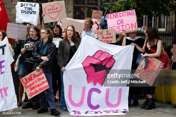 Students protest at Bristo Square in support of striking members of the University and College Union on July 11, 2023 in Edinburgh, Scotland. The...