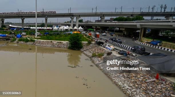 View of waterlogged Mayur Vihar area, after the water level of Yamuna River rises due to heavy rainfall,on July 15, 2023 in New Delhi, India. The...