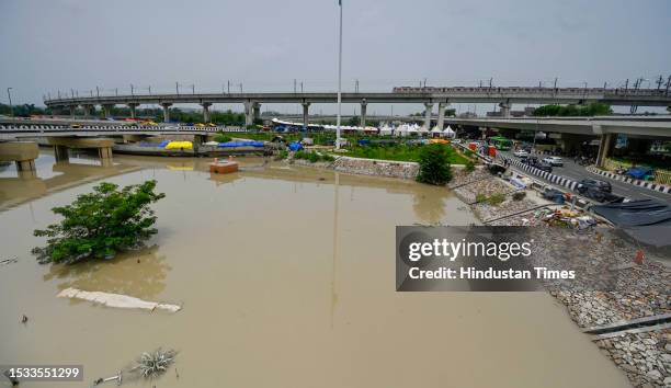 View of waterlogged Mayur Vihar area, after the water level of Yamuna River rises due to heavy rainfall,on July 15, 2023 in New Delhi, India. The...