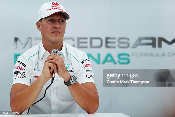 Michael Schumacher of Germany and Mercedes GP announces his retirement at the end of the season during previews for the Japanese Formula One Grand...