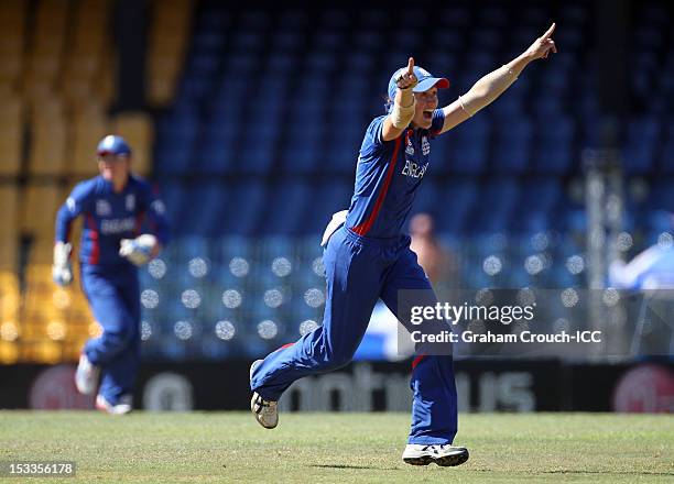 Arran Brindle of England celebrates the dismissal of Sophie Devine of New Zealand during the ICC World T20 Women's Semi Final between England and New...