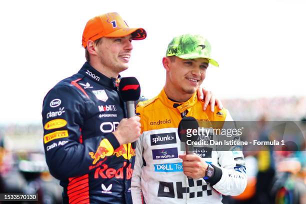 Race winner, Max Verstappen of the Netherlands and Oracle Red Bull Racing celebrates with second placed Lando Norris of Great Britain in parc ferme...