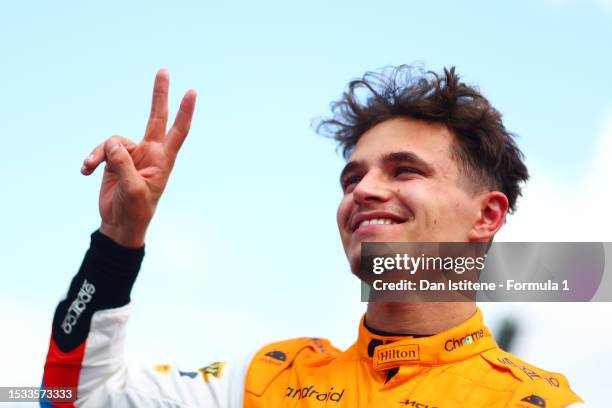 Second placed Lando Norris of Great Britain celebrates in parc ferme during the F1 Grand Prix of Great Britain at Silverstone Circuit on July 09,...