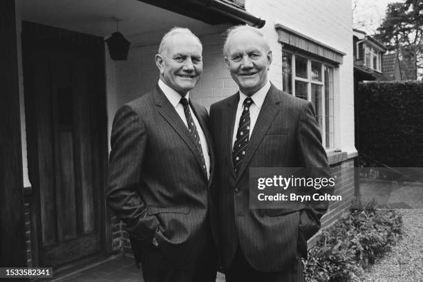 British cricketers Alec Bedser with his twin brother Eric Bedser , Woking, Surrey, April 8th, 1988.