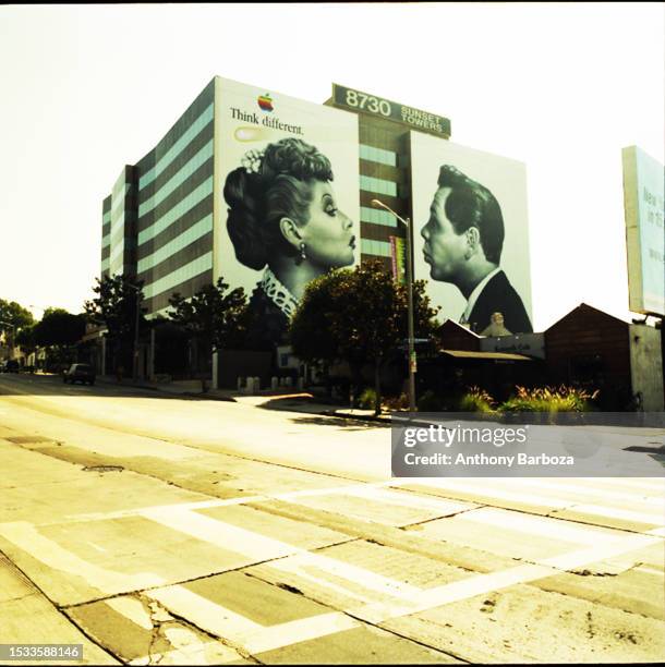 View across Sunset Boulevard of the 8730 Sunset Towers office building, West Hollywood, California, 1998. The west facing 'tall wall' features a...