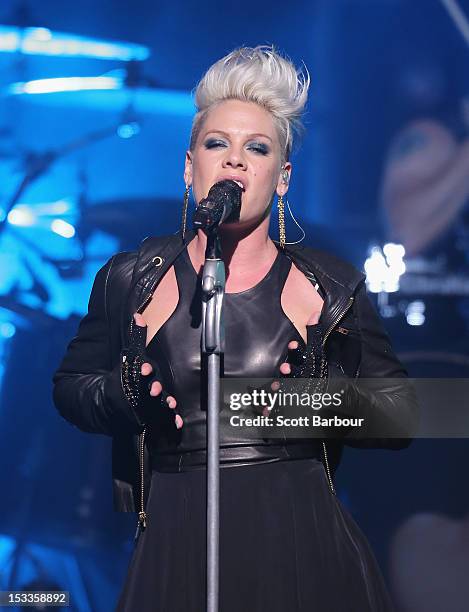 Singer Pink performs for fans at The Forum Theatre on October 4, 2012 in Melbourne, Australia. Pink is in Australia promoting her latest album, The...