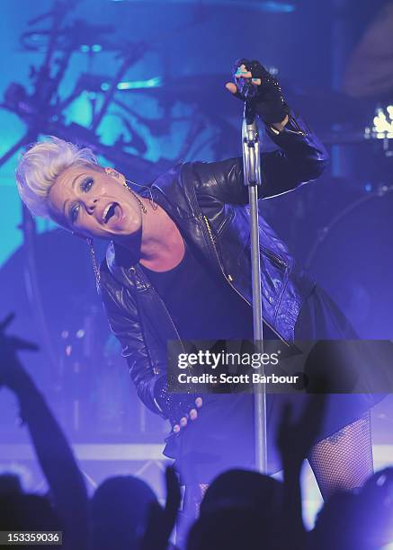 Singer Pink performs for fans at The Forum Theatre on October 4, 2012 in Melbourne, Australia. Pink is in Australia promoting her latest album, The...