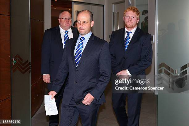 Canterbury Bulldogs CEO Todd Greenberg and James Graham of the Bulldogs leave the NRL judiciary following Graham's guilty verdict on October 4, 2012...