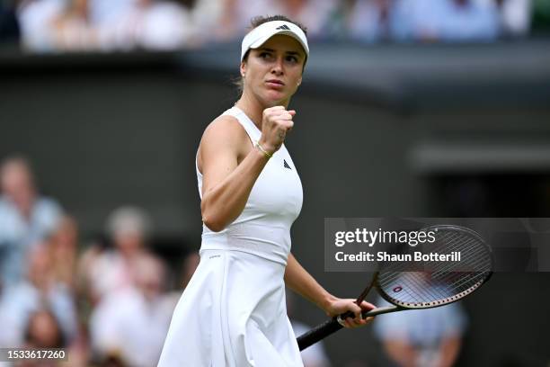 Elina Svitolina of Ukraine celebrates against Iga Swiatek of Poland in the Women’s Singles Quarter Final match during day nine of The Championships...