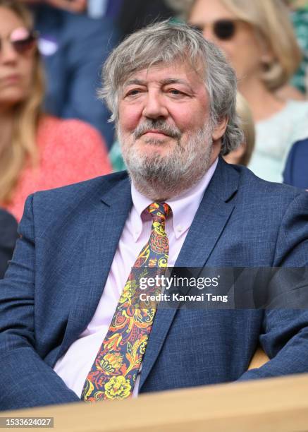 Stephen Fry attends day nine of the Wimbledon Tennis Championships at the All England Lawn Tennis and Croquet Club on July 11, 2023 in London,...