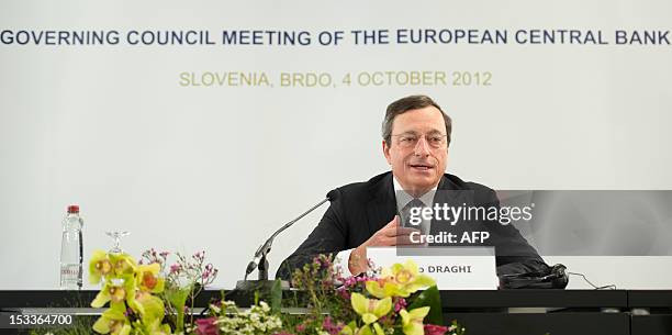 President of the European Central Bank Mario Draghi speaks during a press conference after the ECB Governing Council Meeting in Brdo, 60 km northeast...