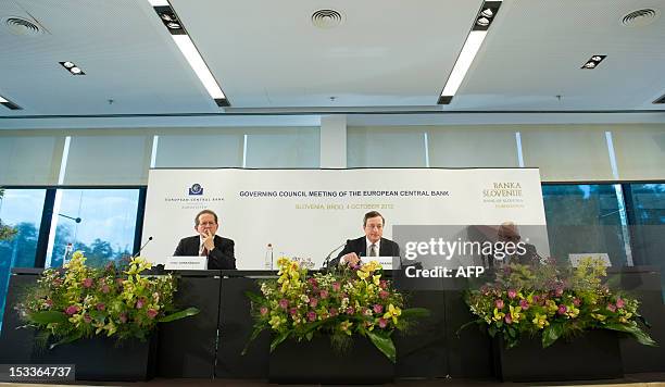 Vice-President of the European Central Bank Vitor Constancio, President of the ECB Mario Draghi and President of the Bank of Slovenia Marko Kranjec...