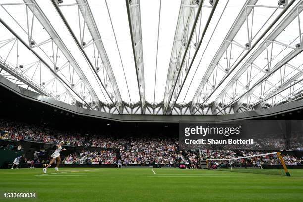 General view of the closed roof on Centre Court during the Women's Singles Quarter Final match between Elina Svitolina of Ukraine and Iga Swiatek of...