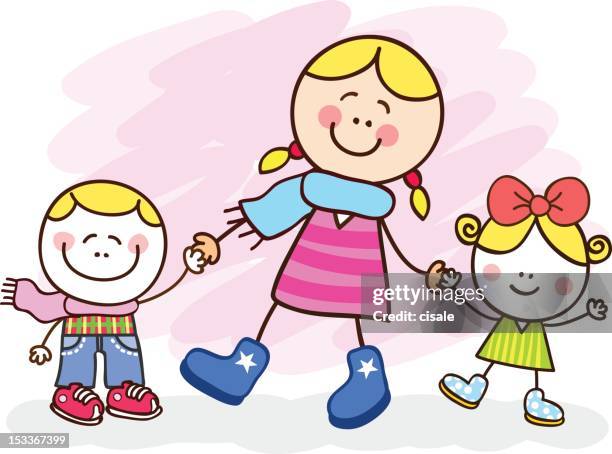 white young mother and kids cartoon illustration - teen babysitting stock illustrations