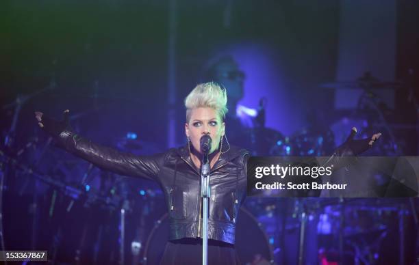 Singer Pink performs for fans at The Forum Theatre on October 4, 2012 in Melbourne, Australia. Pink is in Australia promoting her latest album, The...