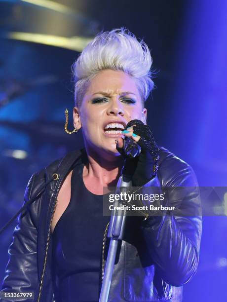 Singer Pink performs for fans at The Forum Theatre on October 4, 2012 in Melbourne, Australia. Pink is in Australia promoting her latest album, The...