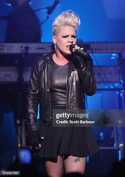 Singer Pink performs for fans at The Forum Theatre on October 4, 2012 in Melbourne, Australia. Pink is in Australia promoting her latest album, The...