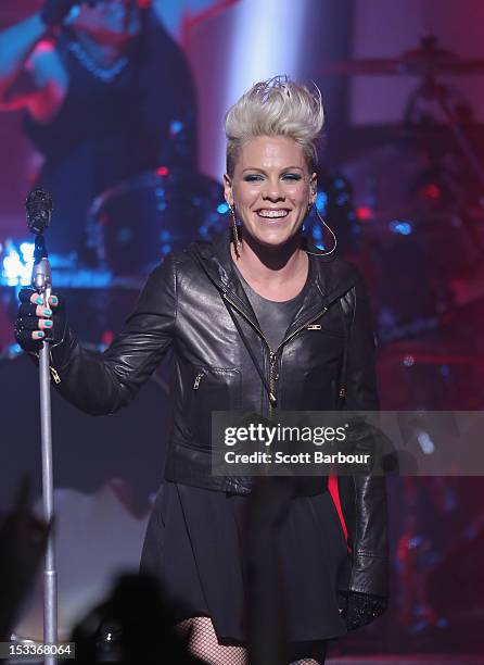 Singer Pink performs for fans at The Forum Theatre on October 4, 2012 in Melbourne, Australia. Pink is in Australia promoting her latest album, The...