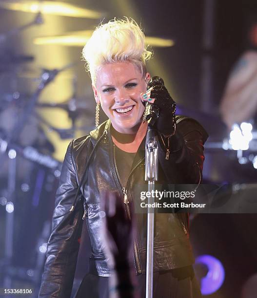 Singer Pink performs for fans at The Forum Theatre on October 4, 2012 in Melbourne, Australia. Pink is in Australia promoting her latest album, The...