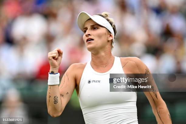 Marketa Vondrousova of Czech Republic celebrates against Jessica Pegula of United States in the Women's Singles Quarter Final match during day nine...