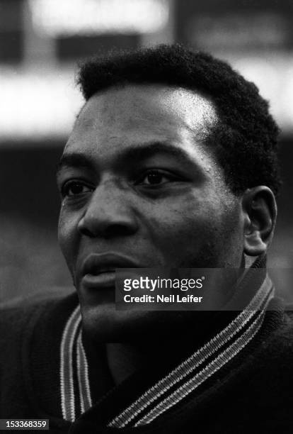 Closeup of Cleveland Browns Jim Brown on sidelines during game vs New York Giants at Yankee Stadium. Bronx, NY CREDIT: Neil Leifer