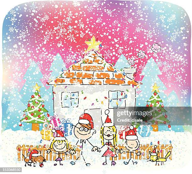 doodle christmas family cartoon illustration - dog cat snow stock illustrations