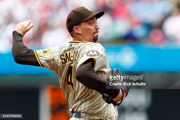 Blake Snell of the San Diego Padres delivers a pitch against the Philadelphia Phillies during the first inning of a game one of a double header at...