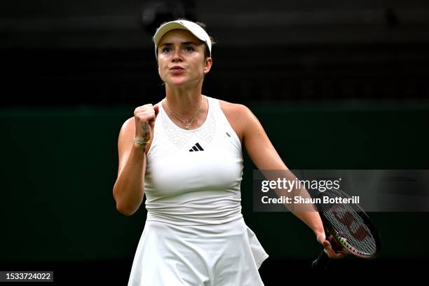 Elina Svitolina of Ukraine celebrates against Iga Swiatek of Poland in the Women’s Singles Quarter Final match during day nine of The Championships...