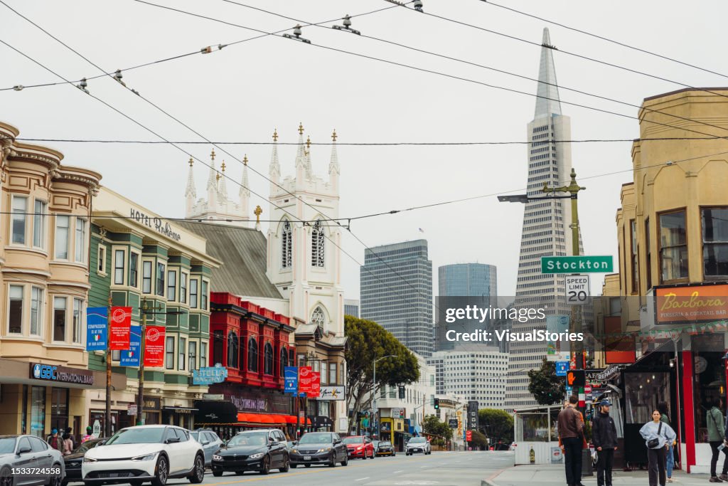 Stockton Street at Central District of San Francisco with Old Buildings and Skyscrapers