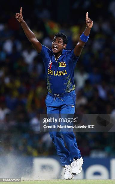 Angelo Mathews of Sri Lanka celebrates bowling Nasir Jamshed of Pakistan for LBW during the ICC World Twenty20 2012 Semi Final match between Sri...