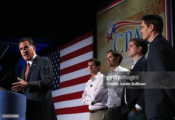 Republican presidential candidate, former Massachusetts Gov. Mitt Romney speaks as his sons Matt Romney, Craig Romney, Tagg Romney and Josh Romney...