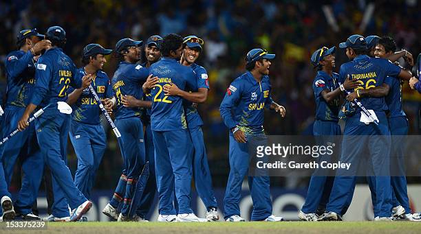 Sri Lanka players celebrate beating Pakistan to win the ICC World Twenty20 2012 Semi Final at R. Premadasa Stadium on October 4, 2012 in Colombo, Sri...