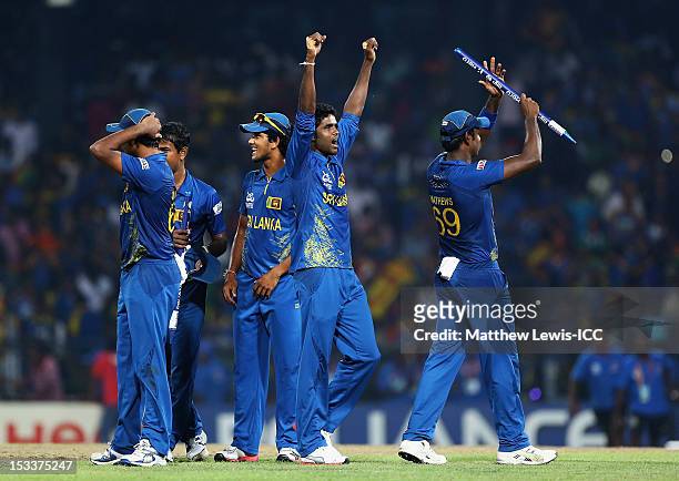 Sri Lanka celebrate their teams win after the ICC World Twenty20 2012 Semi Final match between Sri Lanka and Pakistan at R. Premadasa Stadium on...