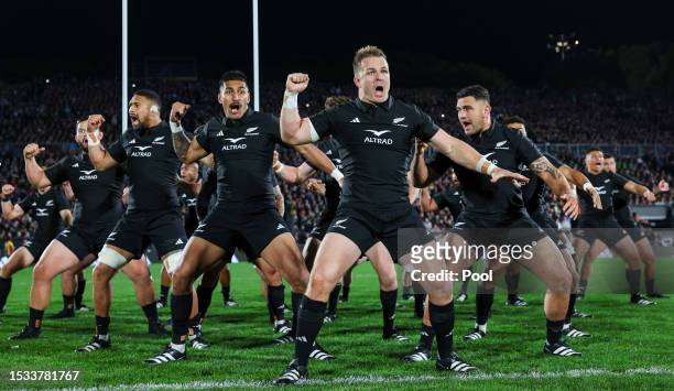 All Black Captain Sam Cane leads the Haka during the Rugby Championship match between the New Zealand All Blacks and South Africa Springboks at Mt...