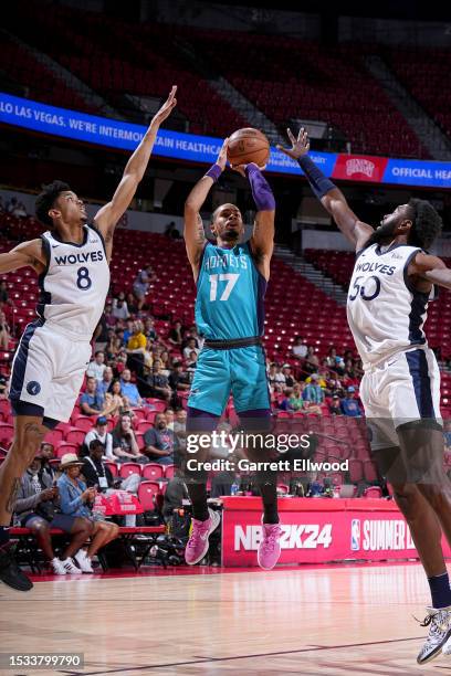 Amari Bailey of the Charlotte Hornets shoots the ball during the game against the Minnesota Timberwolves during the 2023 NBA Las Vegas Summer League...