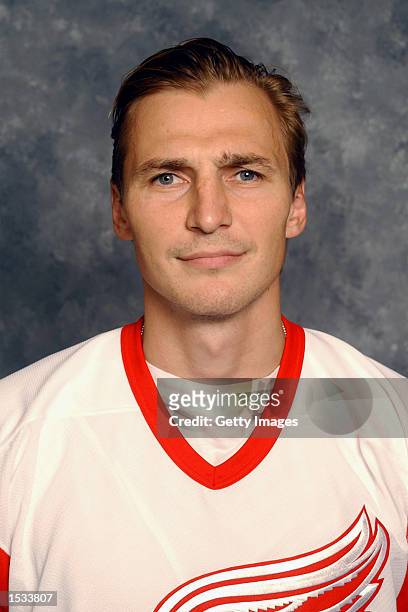 Sergei Fedorov of the Detroit Red Wings poses for a portrait on September 1, 2002 at Joe Louis Arena in Detroit, Michigan.