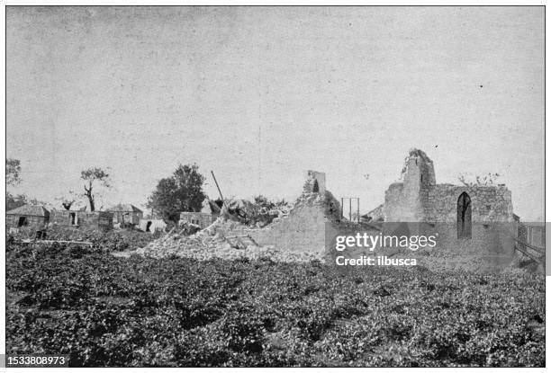 antique image from british magazine: west indies, chapel in barbados, wrecked by the storm - classic west stock illustrations