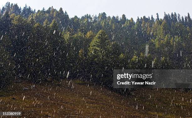 Snow falls before the foundation stone-laying ceremony for a tunnel on the Srinagar-Leh highway on October 4, 2012 in Sonamarg, 89km east of...