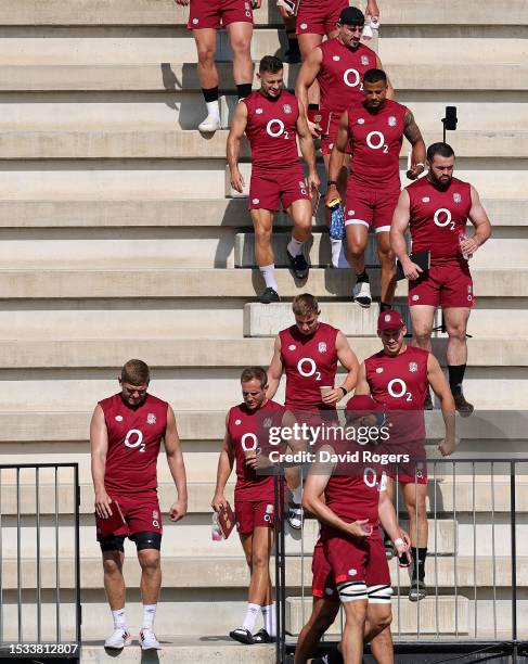 General view as players England make their way to the pitch prior to the England Rugby Training Session at Payanini Center on July 11, 2023 in...