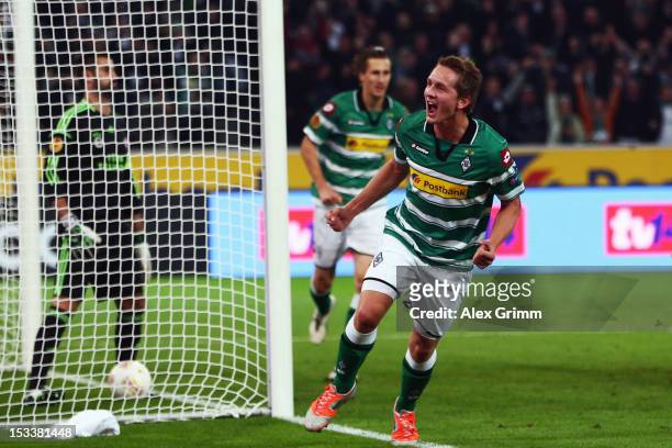 Luuk de Jong of Moenchengladbach celebrates his team's first goal during the UEFA Europa League group C match between Borussia Moenchengladbach and...